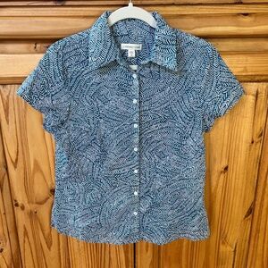 Coldwater Creek Blouse Button Down Aqua Cream 100% Cotton Lightweight Shirt Med